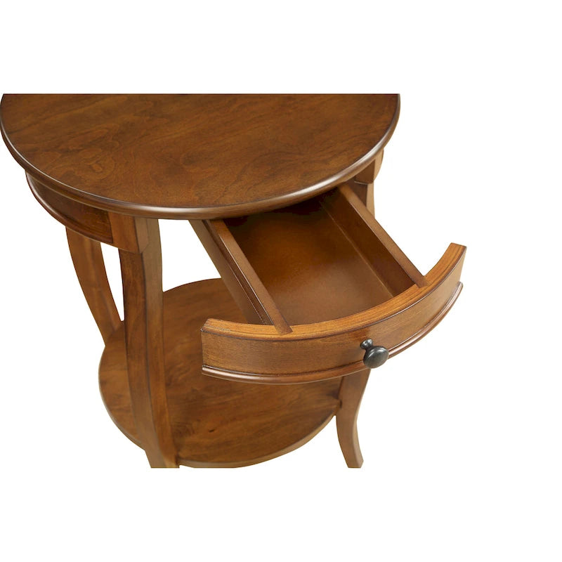 Table d'appoint ronde en bois avec tiroir et étagère inférieure