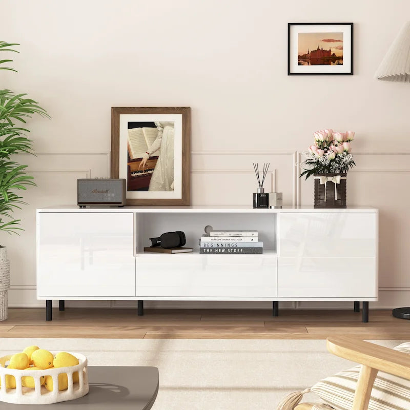 Meuble TV laqué avec rangements – 160 cm, Blanc