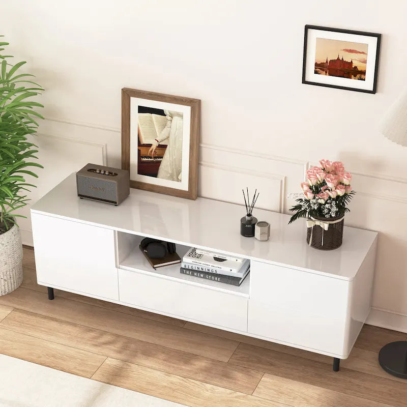 Meuble TV laqué avec rangements – 160 cm, Blanc