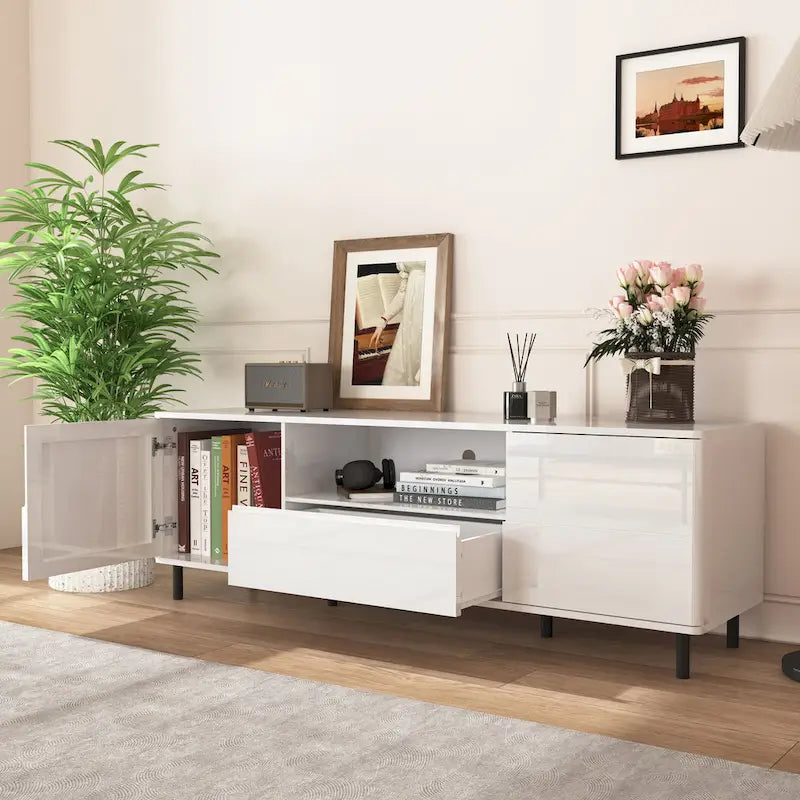 Meuble TV laqué avec rangements – 160 cm, Blanc