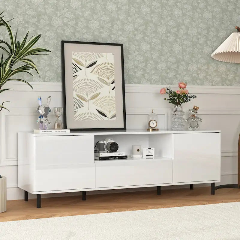 Meuble TV laqué avec rangements – 160 cm, Blanc