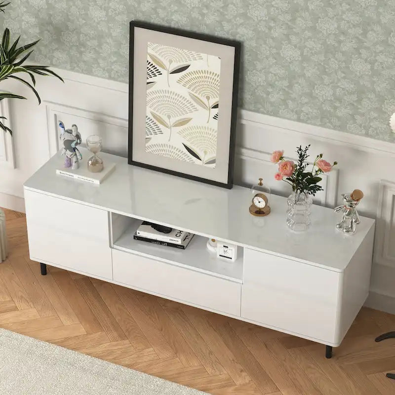 Meuble TV laqué avec rangements – 160 cm, Blanc