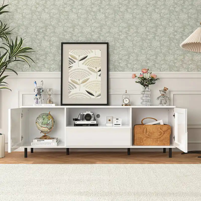 Meuble TV laqué avec rangements – 160 cm, Blanc