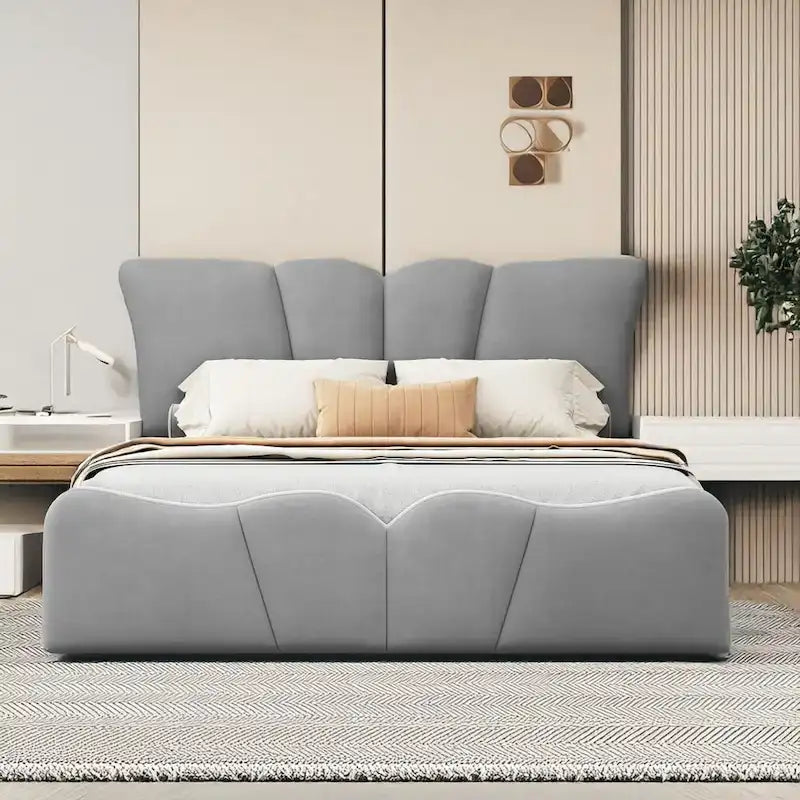Lit plateforme tapissé pleine grandeur avec tissu velours