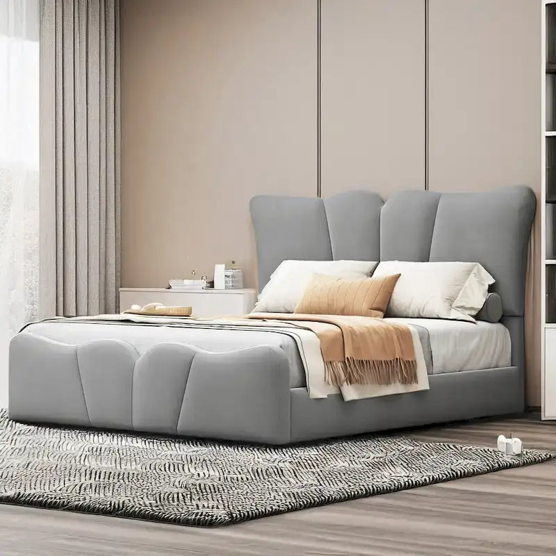 Lit plateforme tapissé pleine grandeur avec tissu velours