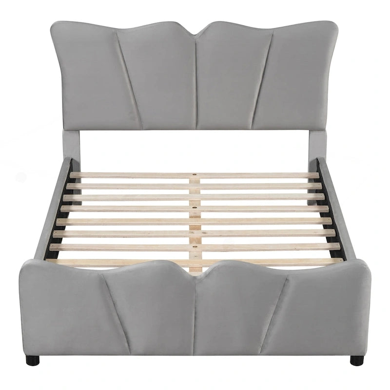 Lit plateforme tapissé pleine grandeur avec tissu velours
