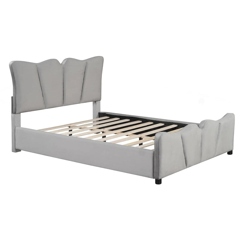 Lit plateforme tapissé pleine grandeur avec tissu velours