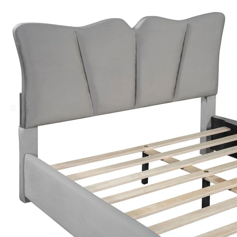 Lit plateforme tapissé pleine grandeur avec tissu velours