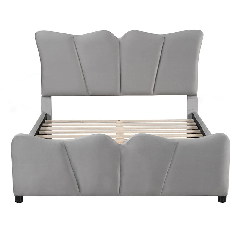 Lit plateforme tapissé pleine grandeur avec tissu velours