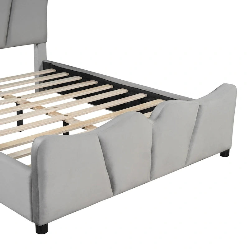 Lit plateforme tapissé pleine grandeur avec tissu velours