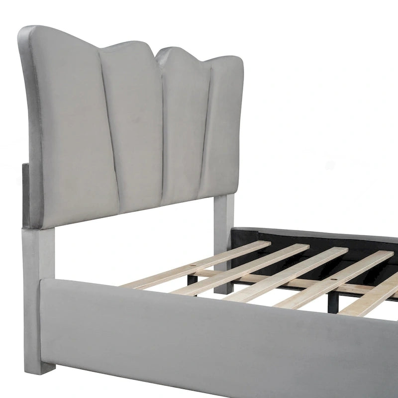 Lit plateforme tapissé pleine grandeur avec tissu velours