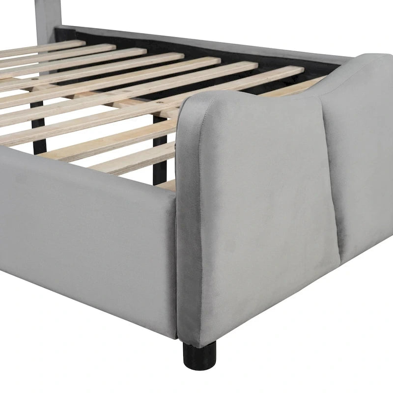 Lit plateforme tapissé pleine grandeur avec tissu velours