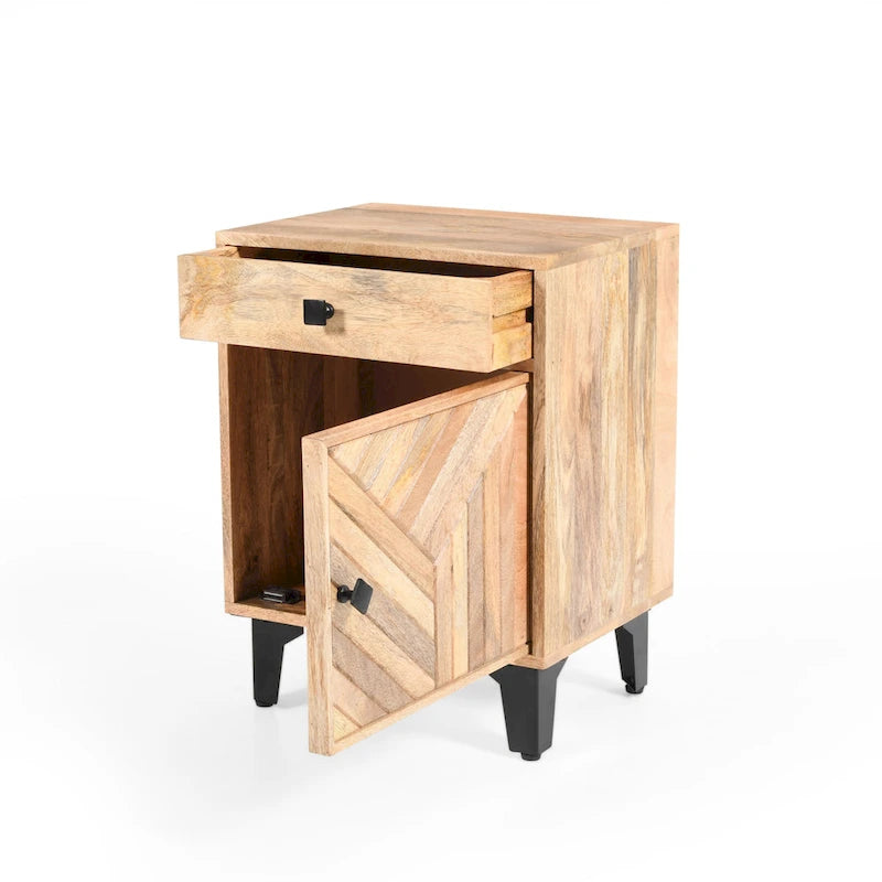 Table de chevet en bois massif avec tiroir, finition naturelle