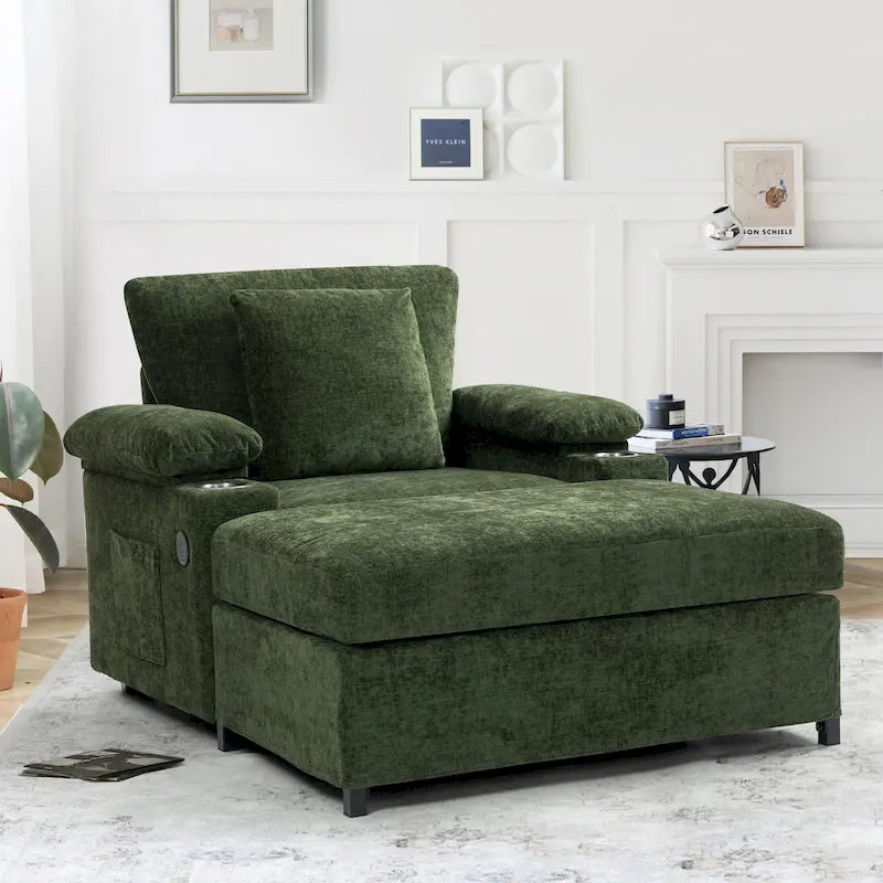 Fauteuil convertible surdimensionné en chenille avec pouf, rangement et port de chargement USB
