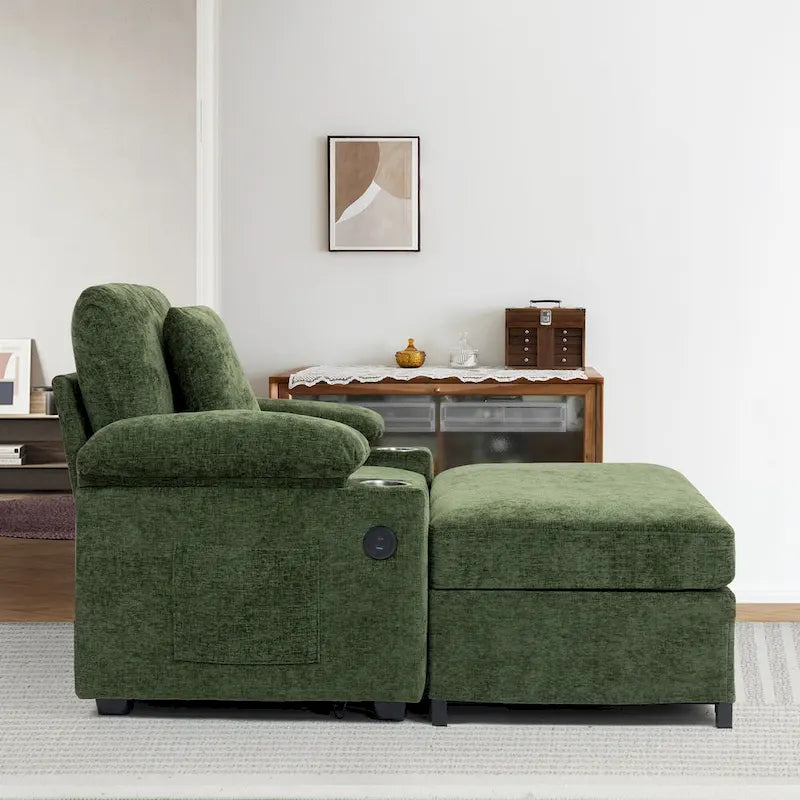 Fauteuil convertible surdimensionné en chenille avec pouf, rangement et port de chargement USB
