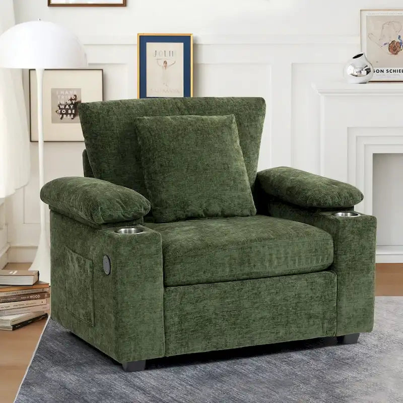 Fauteuil convertible surdimensionné en chenille avec pouf, rangement et port de chargement USB