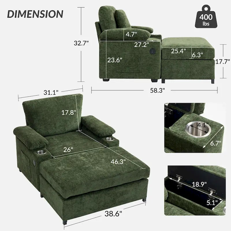 Fauteuil convertible surdimensionné en chenille avec pouf, rangement et port de chargement USB