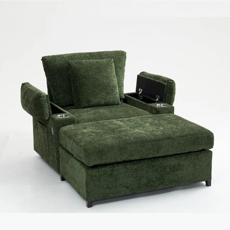 Fauteuil convertible surdimensionné en chenille avec pouf, rangement et port de chargement USB