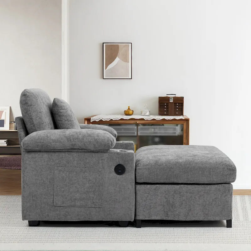 Fauteuil convertible surdimensionné en chenille avec pouf, rangement et port de chargement USB