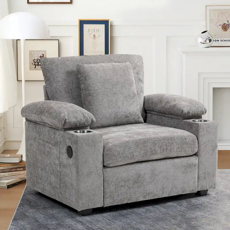 Fauteuil convertible surdimensionné en chenille avec pouf, rangement et port de chargement USB