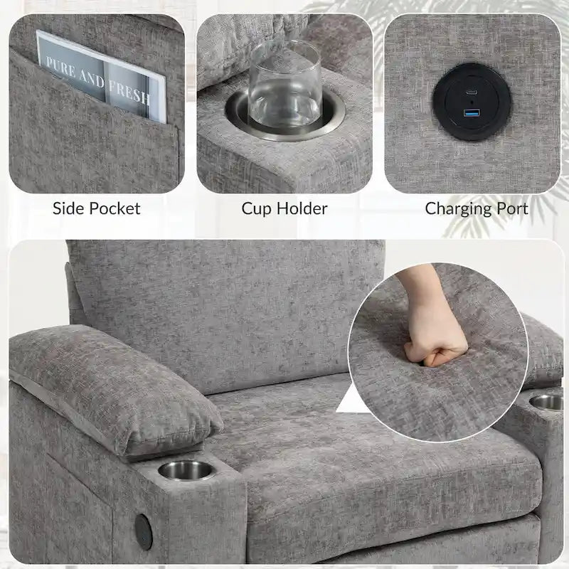Fauteuil convertible surdimensionné en chenille avec pouf, rangement et port de chargement USB
