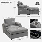 Fauteuil convertible surdimensionné en chenille avec pouf, rangement et port de chargement USB