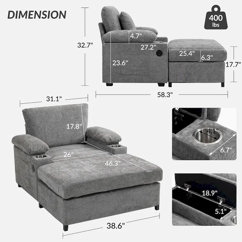 Fauteuil convertible surdimensionné en chenille avec pouf, rangement et port de chargement USB