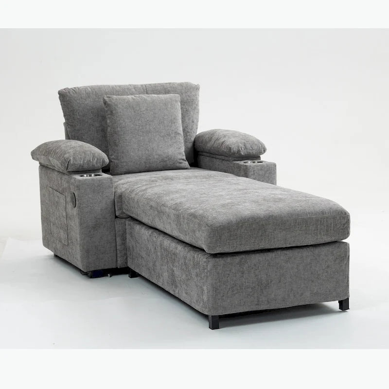 Fauteuil convertible surdimensionné en chenille avec pouf, rangement et port de chargement USB