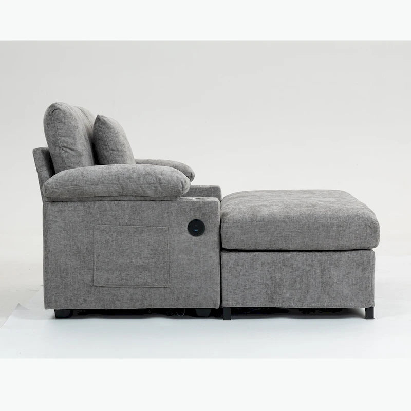 Fauteuil convertible surdimensionné en chenille avec pouf, rangement et port de chargement USB