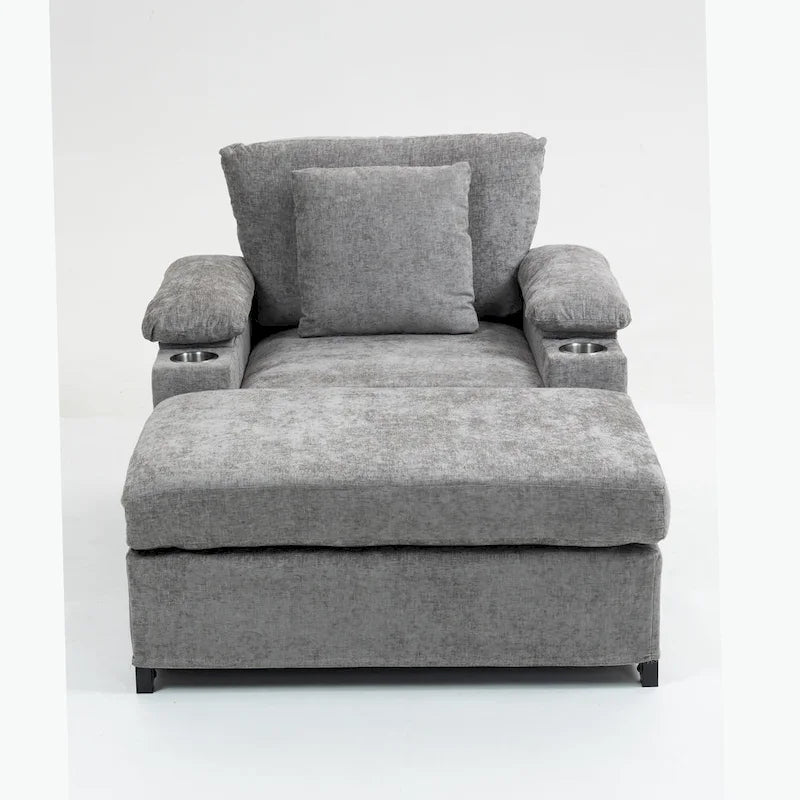 Fauteuil convertible surdimensionné en chenille avec pouf, rangement et port de chargement USB
