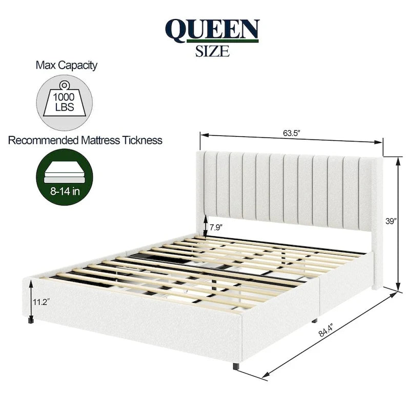 Lit plateforme tapissé de taille Queen avec 4 tiroirs de rangement