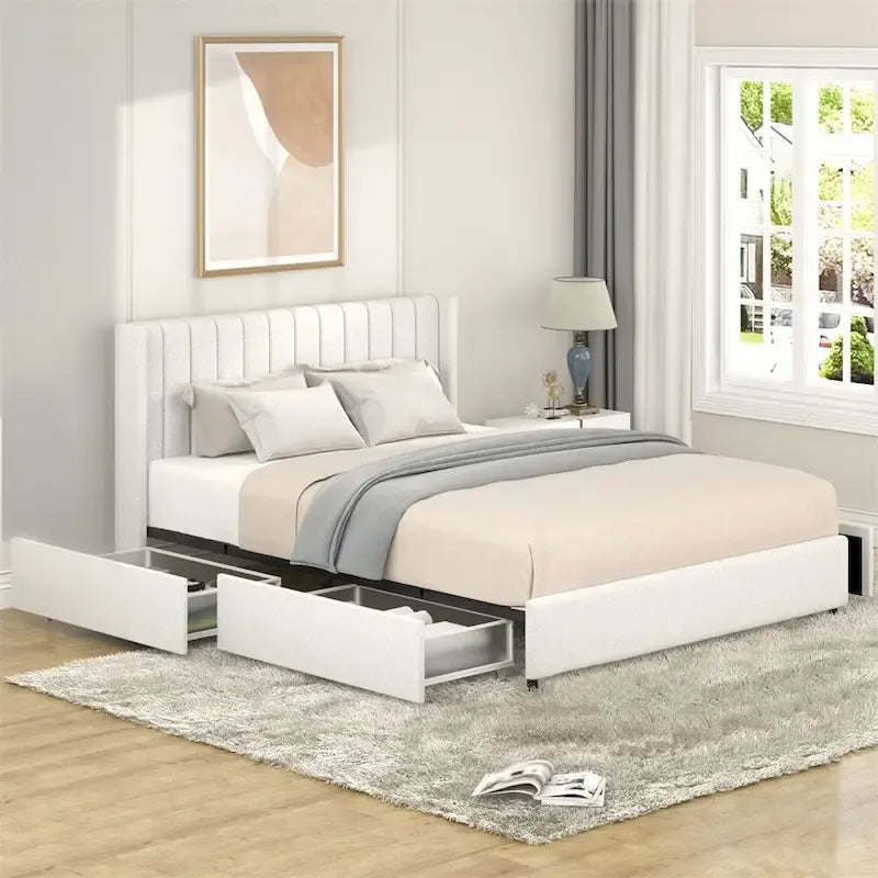 Lit plateforme tapissé de taille Queen avec 4 tiroirs de rangement