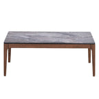 Table basse, rectangulaire 120 cm, plateau en pierre reconstituée grise, piètement en bois de noyer marron
