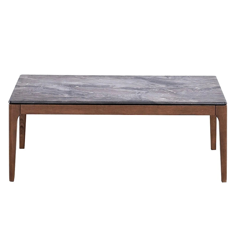 Table basse, rectangulaire 120 cm, plateau en pierre reconstituée grise, piètement en bois de noyer marron
