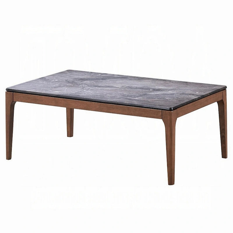 Table basse, rectangulaire 120 cm, plateau en pierre reconstituée grise, piètement en bois de noyer marron