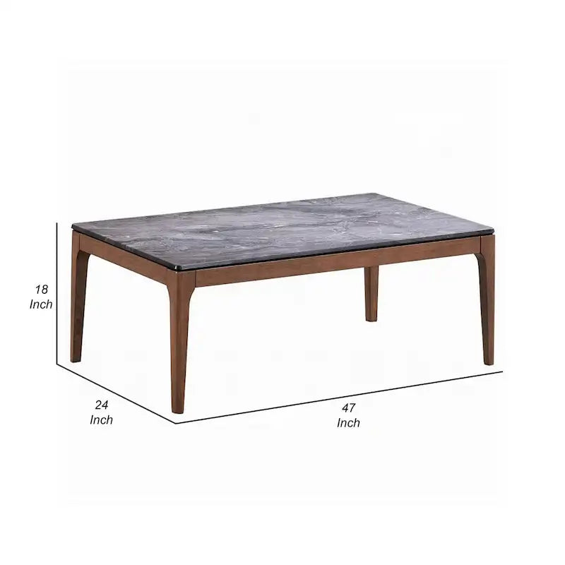 Table basse, rectangulaire 120 cm, plateau en pierre reconstituée grise, piètement en bois de noyer marron