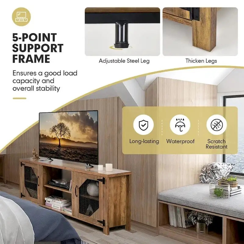 Meuble TV de 58 pouces avec portes en maille d'acier et étagères réglables