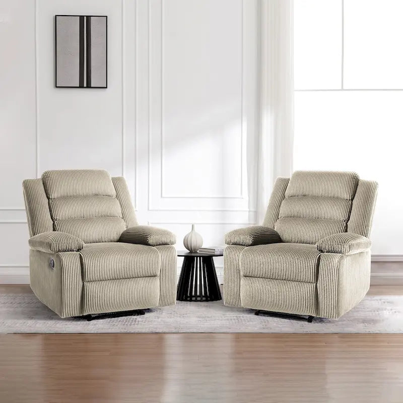 Ensemble de 2 fauteuils inclinables manuels en velours côtelé avec accoudoirs larges et repose-pieds