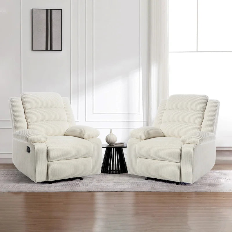 Ensemble de 2 fauteuils inclinables manuels en velours côtelé avec accoudoirs larges et repose-pieds
