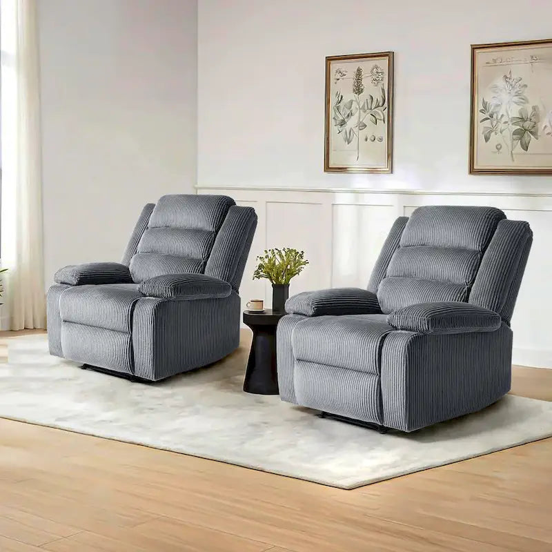 Ensemble de 2 fauteuils inclinables manuels en velours côtelé avec accoudoirs larges et repose-pieds