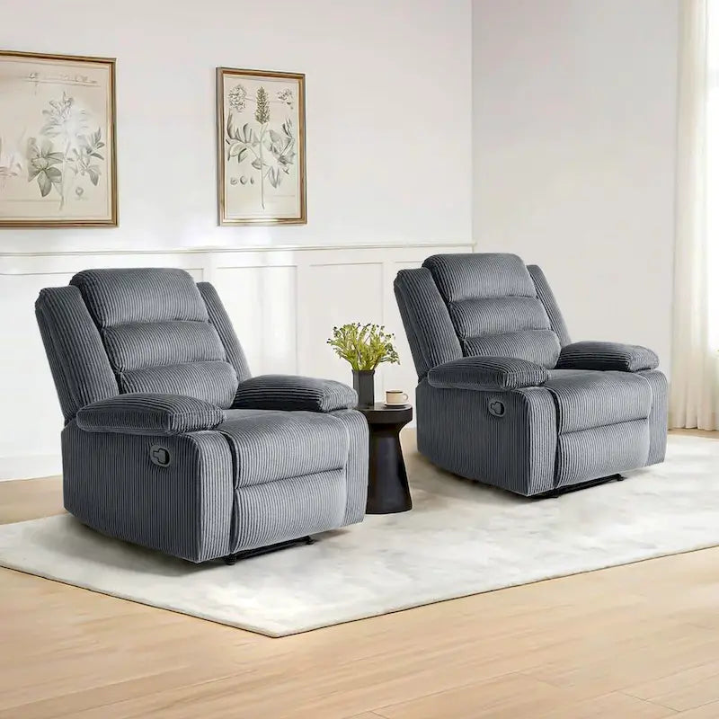 Ensemble de 2 fauteuils inclinables manuels en velours côtelé avec accoudoirs larges et repose-pieds