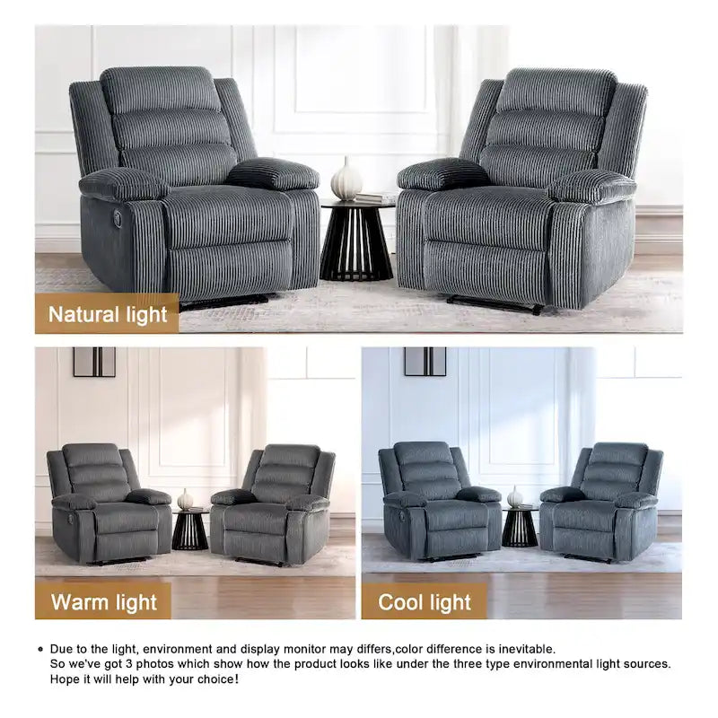 Ensemble de 2 fauteuils inclinables manuels en velours côtelé avec accoudoirs larges et repose-pieds