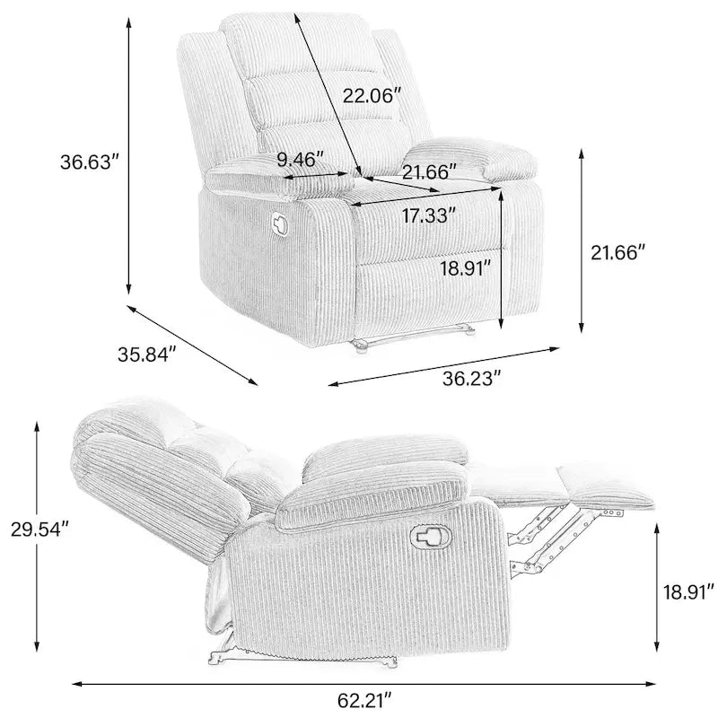 Ensemble de 2 fauteuils inclinables manuels en velours côtelé avec accoudoirs larges et repose-pieds
