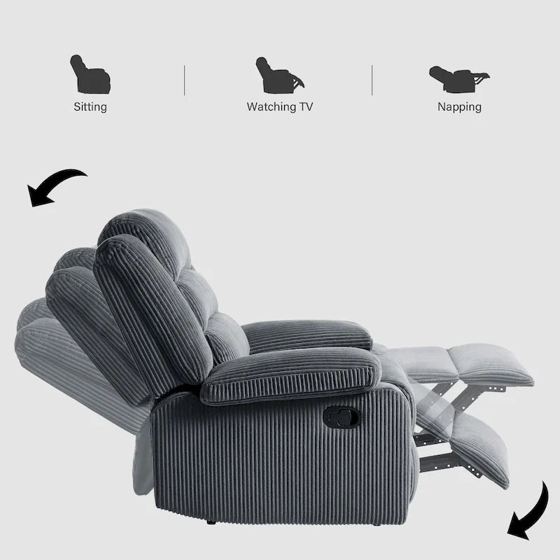 Ensemble de 2 fauteuils inclinables manuels en velours côtelé avec accoudoirs larges et repose-pieds