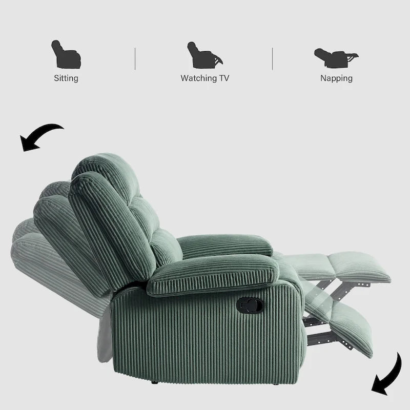 Ensemble de 2 fauteuils inclinables manuels en velours côtelé avec accoudoirs larges et repose-pieds