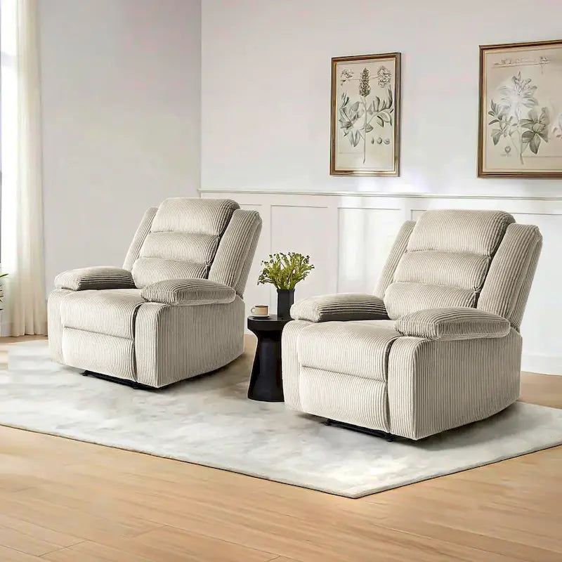 Ensemble de 2 fauteuils inclinables manuels en velours côtelé avec accoudoirs larges et repose-pieds