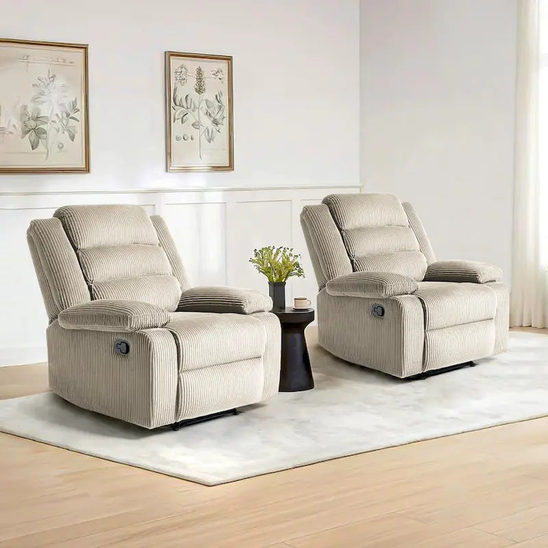 Ensemble de 2 fauteuils inclinables manuels en velours côtelé avec accoudoirs larges et repose-pieds