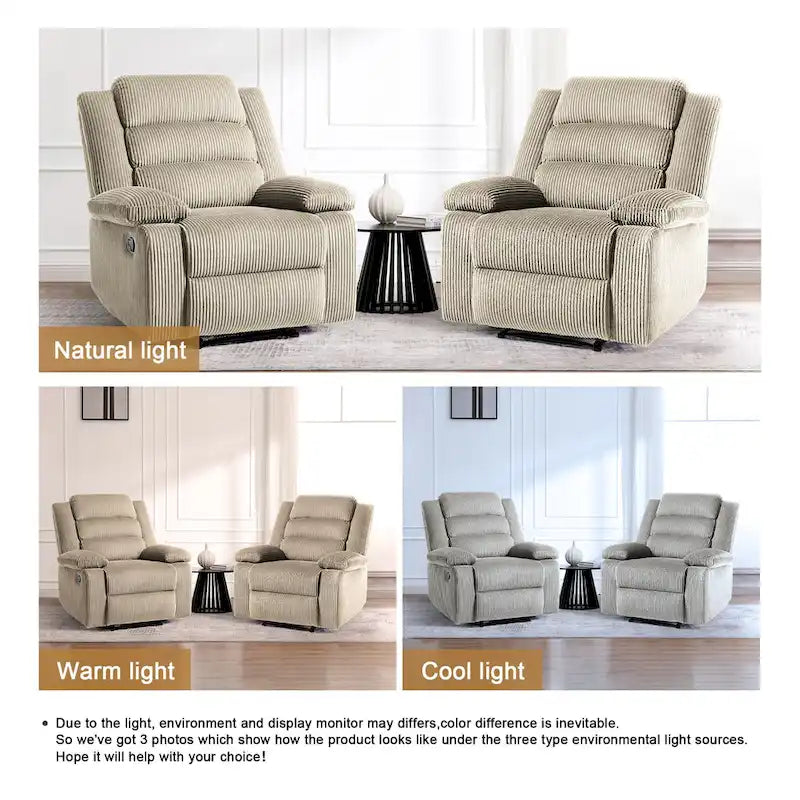 Ensemble de 2 fauteuils inclinables manuels en velours côtelé avec accoudoirs larges et repose-pieds