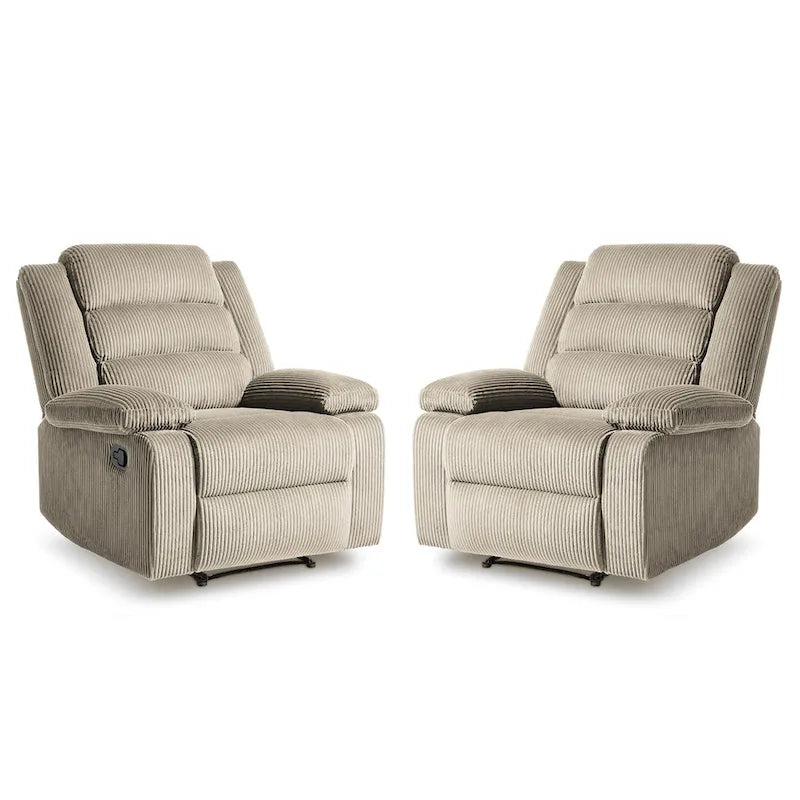 Ensemble de 2 fauteuils inclinables manuels en velours côtelé avec accoudoirs larges et repose-pieds