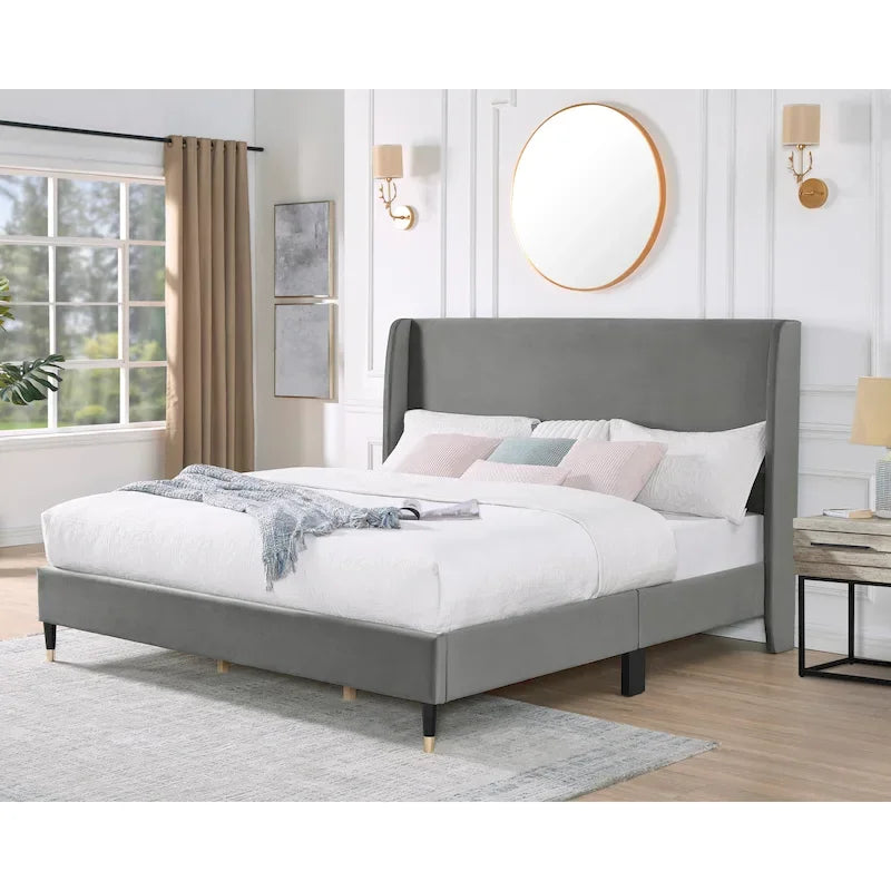 Lit plateforme gris King Size avec tête de lit capitonnée en velours